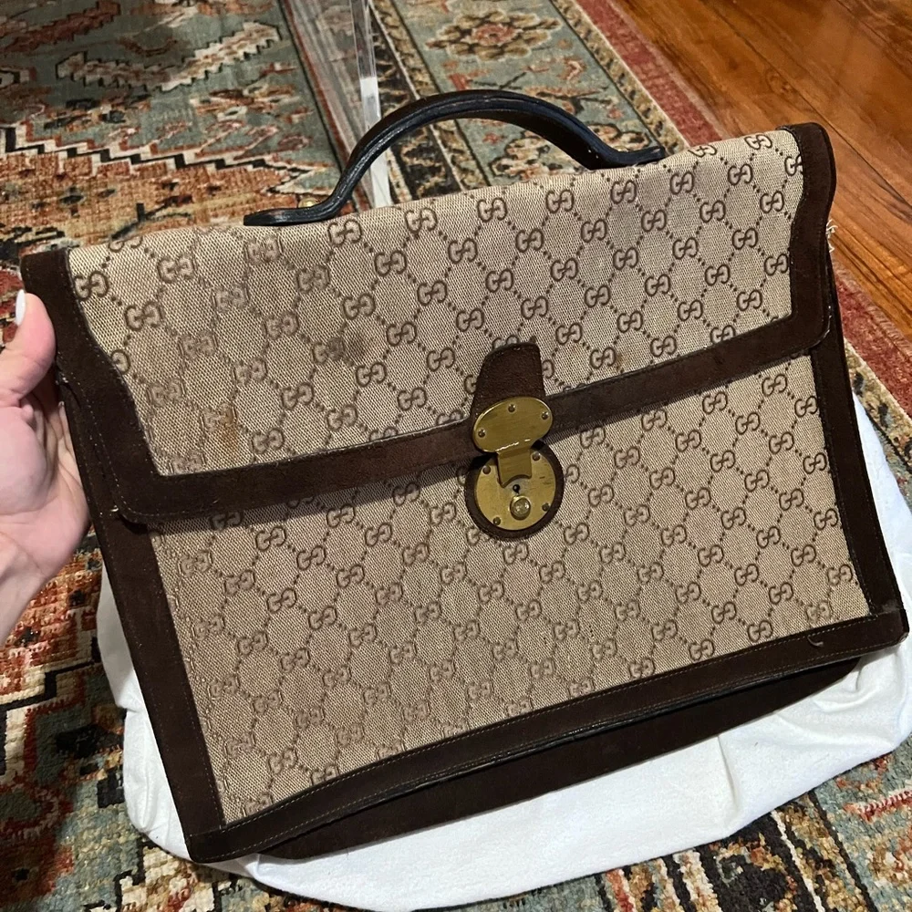 Gucci Beige GG Canvas Briefcase with Brown Trim and Gold Hardware - Picture 2 of 5